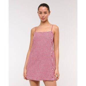 Abercrombie & Fitch Linen-Blend Button Skort Romper Red Gingham Mini Dress NWT